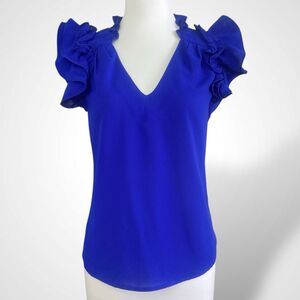 Milk & Honey Ruffle Sleeve V-Neck Blouse Top Women Size M Blue Feminine
